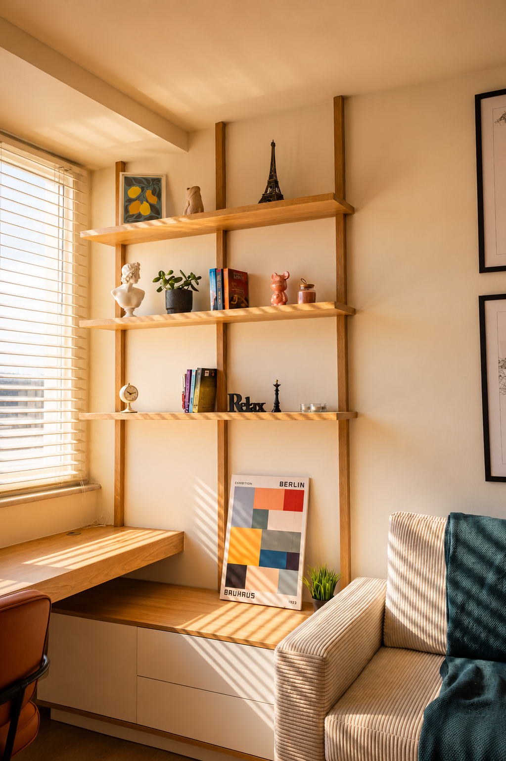 Sunlit living area with oak shelving, desk, and corduroy sofa